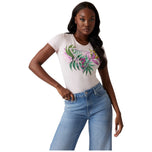T-shirt rosa chiaro con stampa foglie triangolare multicolore, girocollo.