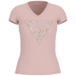 Maglietta Guess rosa chiaro con scollo a V e logo triangolare frontale, maniche corte