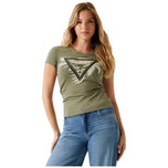 T-shirt verde oliva con logo triangolare e foglie frontali, manica corta