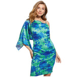 Vestito corto con stampa floreale verde-blu e spalle scoperte, maniche a mantella