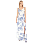 Vestito lungo avorio con stampa floreale blu, spalline sottili e scollo a V