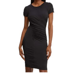 Vestito nero Alyssa con maniche corte e arricciature laterali, scollo rotondo