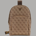 Zaino monospalla beige con pattern logato e tasca frontale con zip