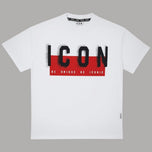 T-shirt in cotone bianca con logo grande ICON e scritta rossa/nera sul davanti