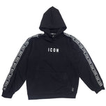 Felpa nera con cappuccio e stampa ICON, fascia ICON sulle maniche