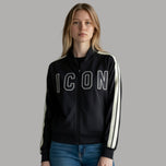 Felpa nera con zip e stampa “ICON”, bande bianche sulle maniche