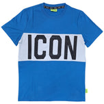 T-shirt blu oceano con stampa ICON grande su fascia bianca frontale