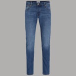 Jeans slim fit da uomo in denim blu, vita con passanti e bottone