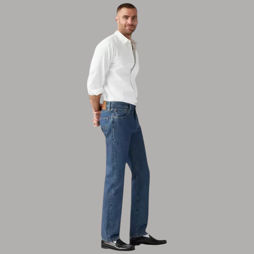 Jeans Levi's 501 da uomo in denim blu stonewash, vista laterale, 5 tasche
