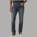 Jeans slim uomo in denim blu a lavaggio scuro, vita con bottoni e tasche