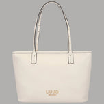 Borsa tote panna con borchie sulle cinghie e logo frontale, manici lunghi