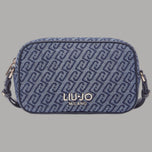 Borsa tracolla blu in jacquard con motivo logo e lettering LIU•JO, chiusura zip