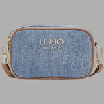 Borsa tracolla in denim azzurro con logo LIUJO e catena metallica dorata