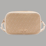 Borsetta tracolla piccola in jacquard beige con zip e logo LIU•JO