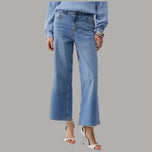 Jeans svasati cropped donna in denim blu stonewash, vita alta, gamba ampia