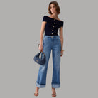 Liu Jo Jeans Flare Vita Alta con Cintura Logo Monogram - Prodotti di Classe