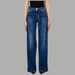 Jeans flare vita alta blu con cuciture frontali e passanti per cintura regolabile