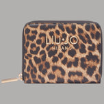 Portafoglio piccolo con zip maculato leopardato, logo Liu Jo MILANO e tirante metallico