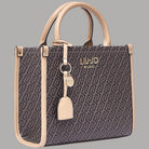 Borsa tote monogram testa di moro con logo LIU•JO MILANO, manici e bordi beige