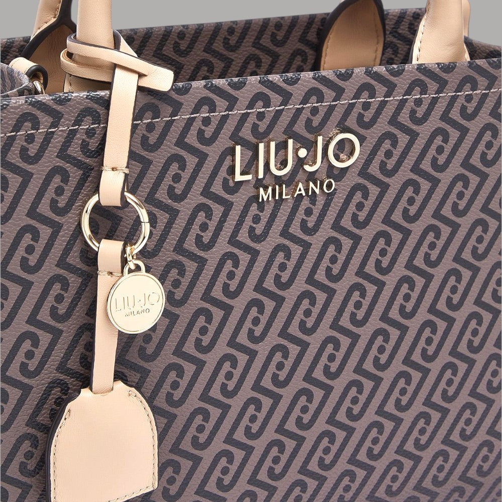 Borsa monogram testa di moro con logo LIU•JO MILANO, tracolla beige e charm