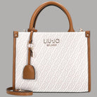 Borsa a mano monogram naturale con logo LIU•JO MILANO, manici e bordi in cuoio