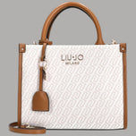 Borsa a mano monogram naturale con logo LIU•JO MILANO, manici e bordi in cuoio