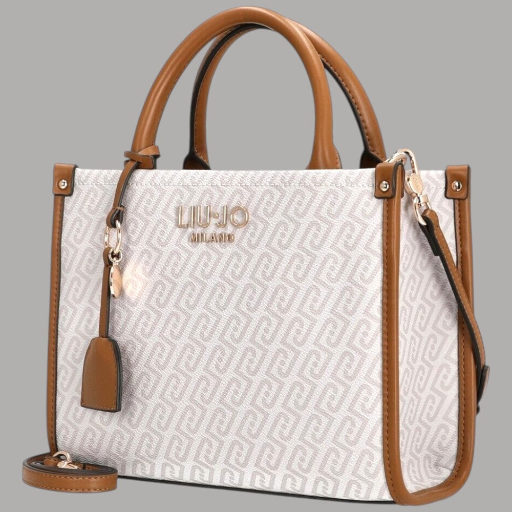 Borsa a mano monogram naturale con manici cuoio e tracolla a nastro, logo sul fronte