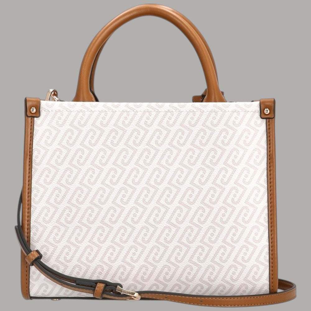Borsa a mano monogramma con tracolla rimovibile, dettagli in pelle marrone e fibbie
