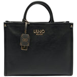 Borsa tote nera in pelle con manici e targhetta con fibbia decorativa