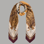 Foulard animalier 120x120 con stampa leopardo, catene e bordi bordeaux