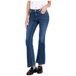 Jeans flare a vita alta blu in denim con bottone e zip frontale
