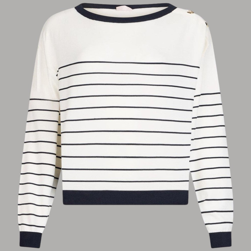 Maglia a righe bianca e blu con dettagli a bordo scuro sul fondo e maniche lunghe