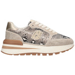 Sneaker bassa beige effetto pitone con strass, lacci bianchi e suola rialzata marrone