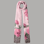 Stola lilla con stampa animalier e fiori rosa, bordi a macchie leopardate