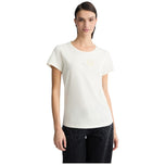 T-shirt panna con logo 8 in strass sul petto, girocollo maniche corte