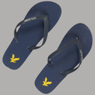Coppia di infradito blu con logo giallo e cinturino in tessuto scuro