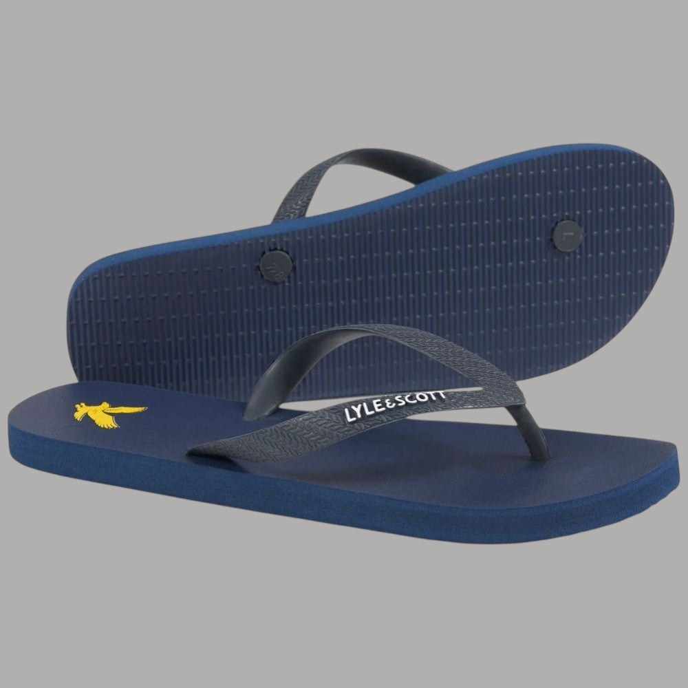 Infradito blu con suola zigrinata e logo giallo sul plantare
