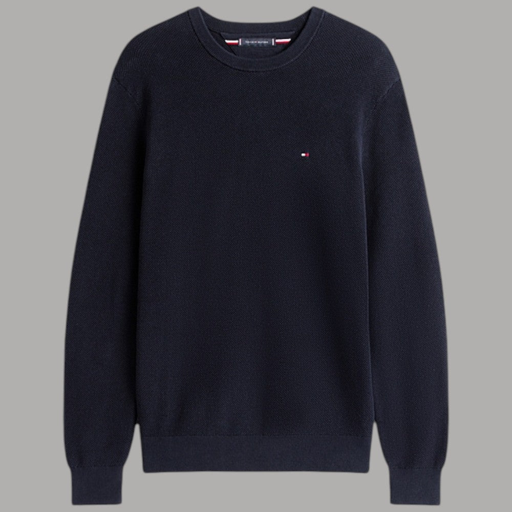 Maglioncino Tommy Hilfiger blu scuro in maglia, girocollo a coste e logo
