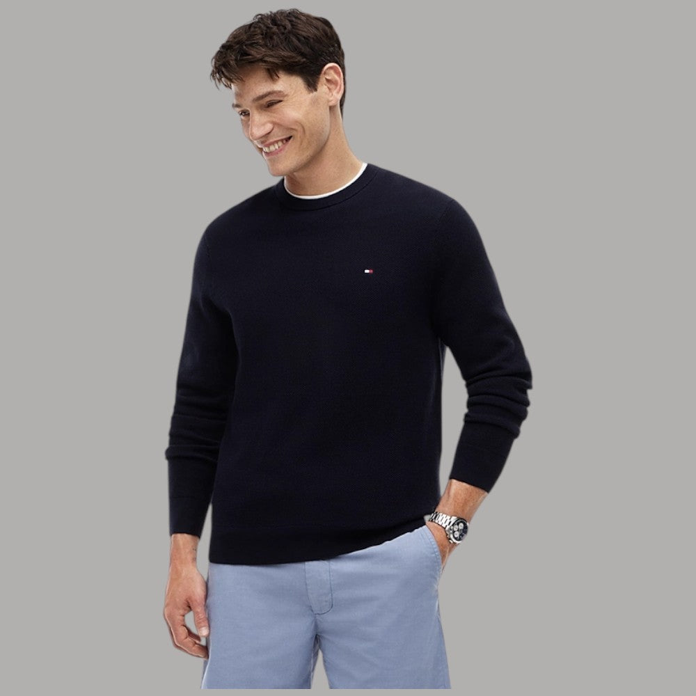 Maglioncino Tommy Hilfiger in cotone blu scuro, girocollo, logo sul petto