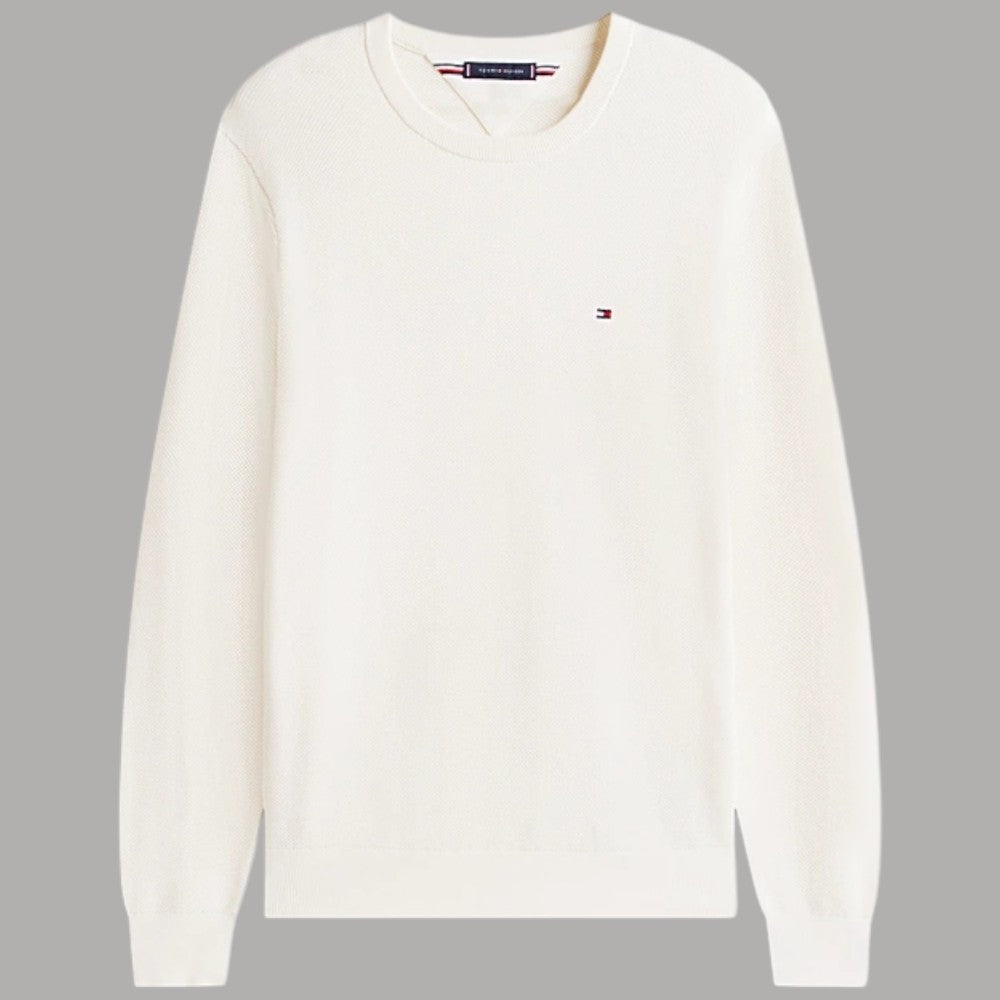 Maglioncino Tommy Hilfiger girocollo avorio a maniche lunghe, logo sul petto