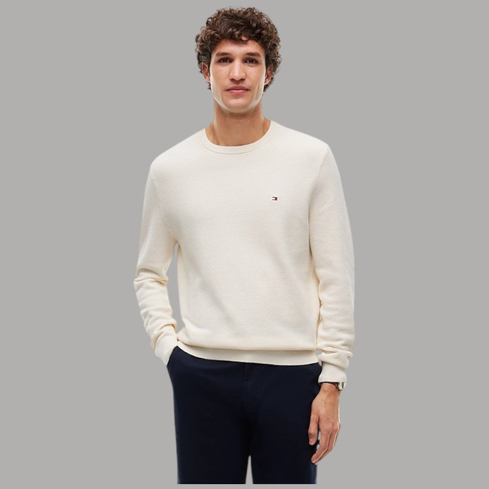 Maglioncino Tommy Hilfiger avorio girocollo, logo discreto sul petto