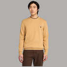 Maglia uomo in cotone marrone chiaro, girocollo a coste con logo sul petto