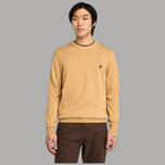 Maglia uomo in cotone marrone chiaro, girocollo a coste con logo sul petto