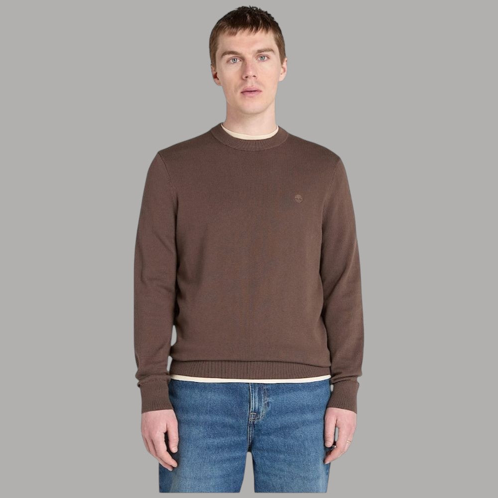 Maglia uomo in cotone marrone scuro, girocollo a coste con logo sul petto