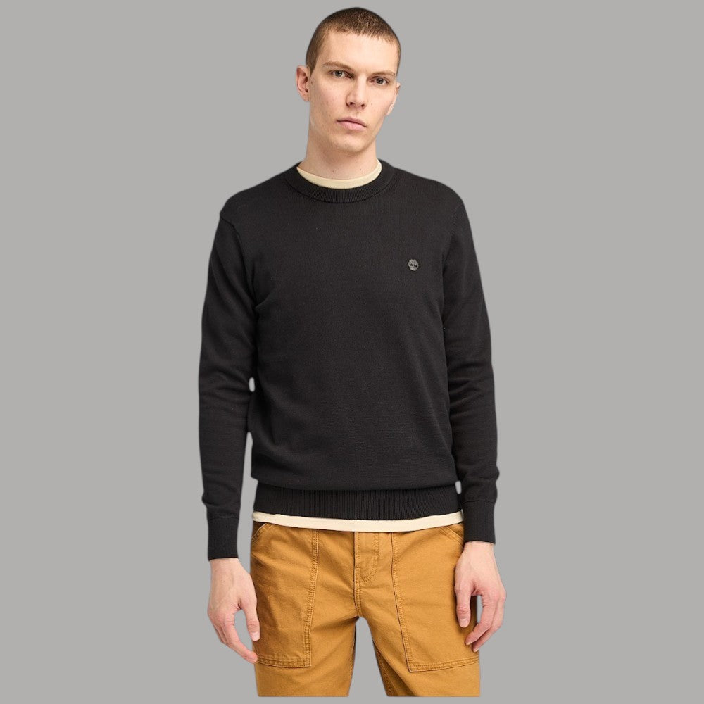 Maglia girocollo nera in cotone con piccolo logo sul petto