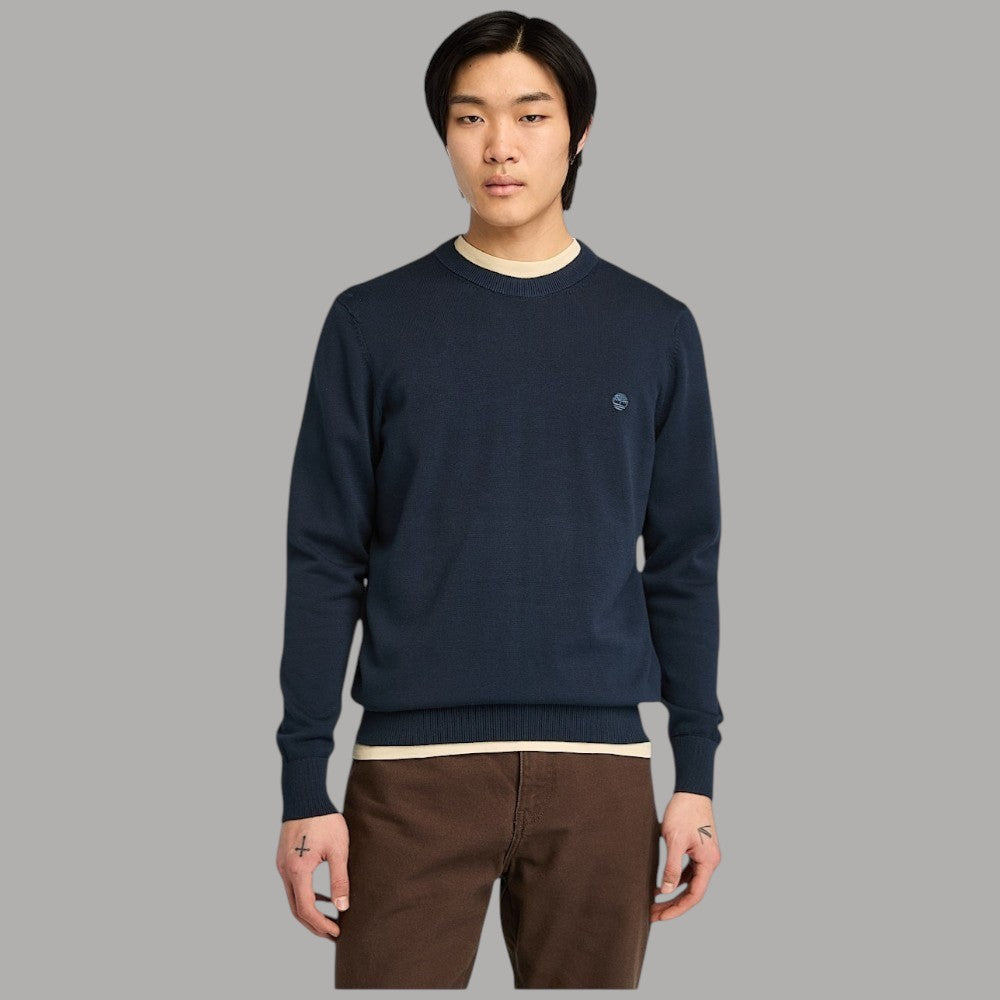 Maglia girocollo blu navy in cotone con logo sul petto