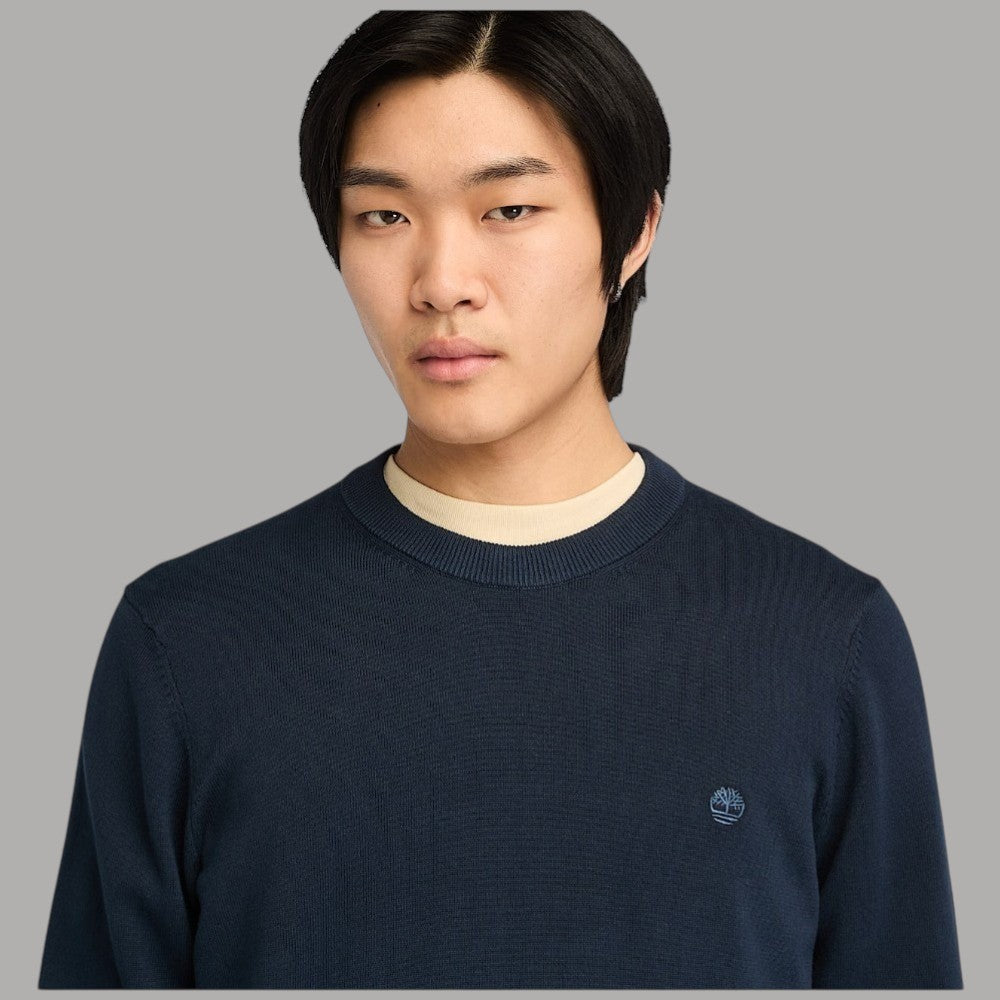 Maglia girocollo blu navy in cotone con logo sul petto e collo a costine