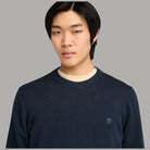 Maglia girocollo blu navy in cotone con logo sul petto e collo a costine