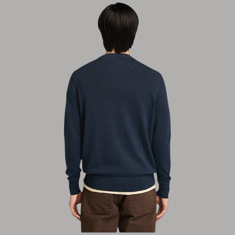 Maglia girocollo blu scuro, maniche lunghe, retro liscio, costine a polsini e fondo