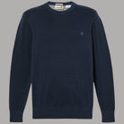 Maglia girocollo blu scuro con logo sul petto, tessuto a maglia fine